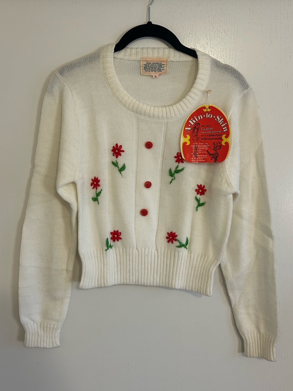 Vintage Cream Sweater with Red Floral Embroidery